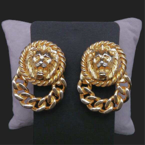 Vintage Lion Head Earrings Door Knocker Clip On Gold Tone Cuban Chain Link Loop - Picture 3 of 10